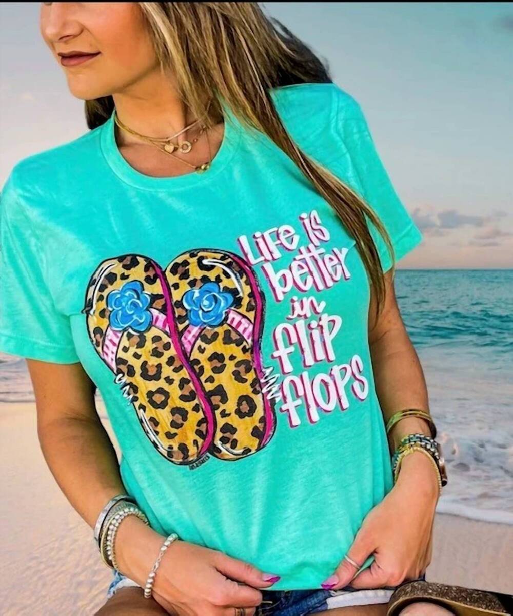 NEW ANAGAILS life is better in flip flops graphic tee in green